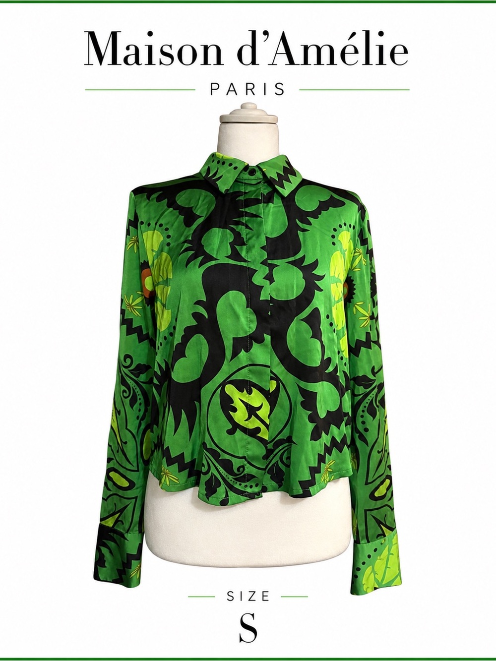 Maison d’Amélie Paris Silk  Green Mod Floral Art Print Long Sleeve Blouse